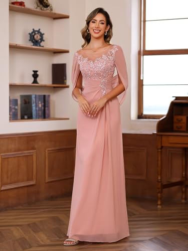Lace Long Mother Dress for Women with Pleated Sequin Cape Scoop Illusion Chiffon Formal Dresses RA0353