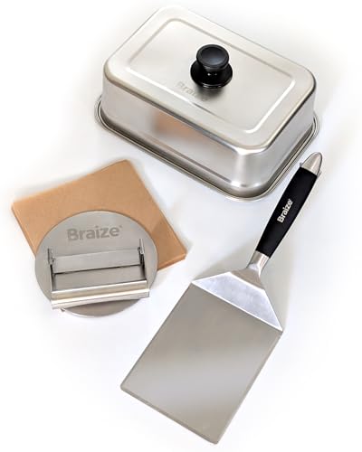 Braize Smash Burger Press Kit – 6.5 Inch Stainless Steel Hamburger Smasher Tool – Heavy Duty Grill Press for Flat Top Griddles and Cast Iron Pans – Perfect for Crispy Smashed Burger Patty – Dome Set