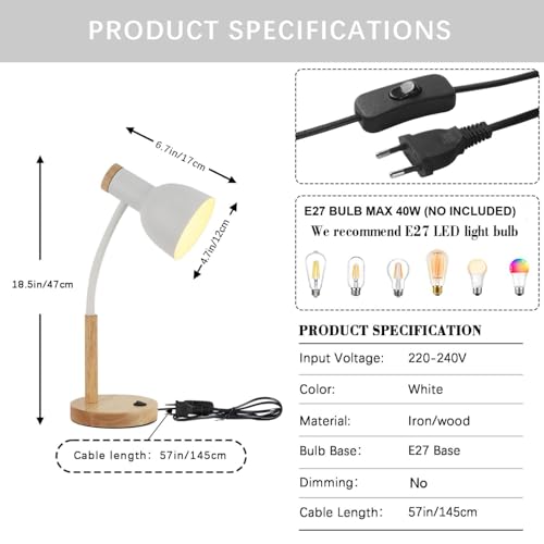 Kaixunl Lámpara de mesa de madera y metal, lámpara de noche de metal, dirección de cabeza de lámpara ajustable, adecuada para dormitorio, sala de estudio, habitación infantil, E27, D15 x H47 - imagen 2