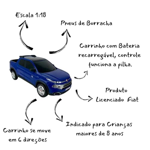 Carro Carrinho de controle Remoto FIAT Toro 1/18 Original (Azul)