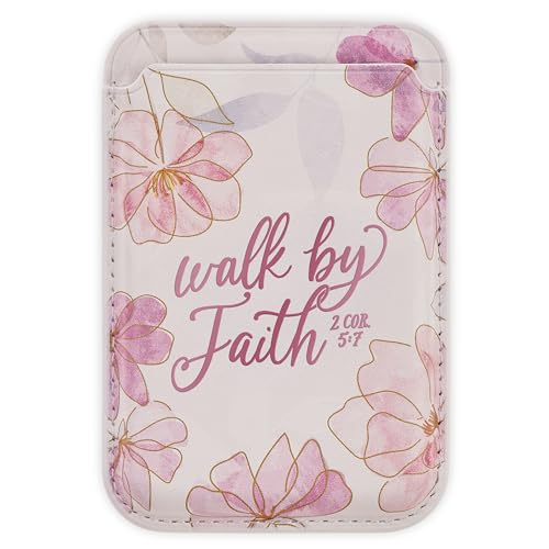 Image of Christian Art Gifts Women's Slim Magnetic Phone Wallet: Walk by Faith Encouraging Bible Verse, MagSafe Compatible, Cash & Card Holder Accessory, Faux Leather, White /Pink Multicolor Floral, 3.8 inch x 2.5 inch