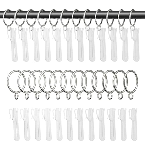 GASRONS 1.5 Inch Curtain Rings with Hooks, 24 Pack Silver Metal Drapery Rings with Pins Fits Up to 1.25" Curtain Rods