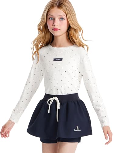 Girls Long Sleeve White Polka Dot Shirt Soft Cotton Crewneck Blouse with Lace Trim, Cute Casual Fall Top for Kids 6-16Y