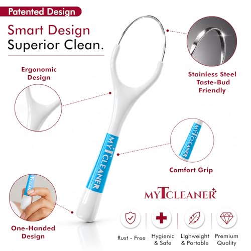 Image of MyTCleaner | Tongue Cleaner for Adults | Stainless Steel Tongue Scraper | Helps Freshen Breath & Supports Oral Hygiene | Rust-Free & Reusable | Dentist-Designed | Pack of 3