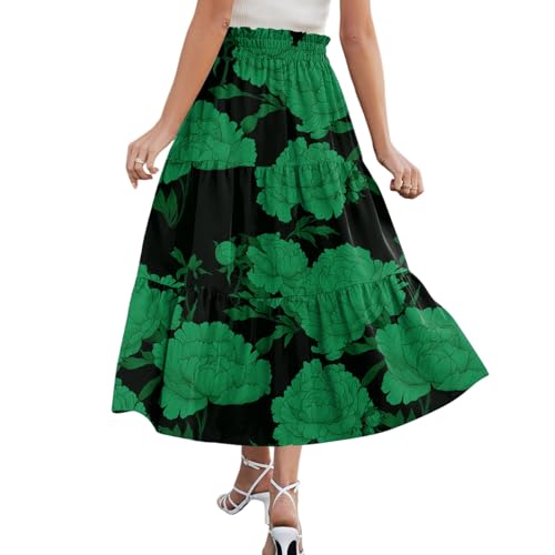 Midi Skirts for Women 2025 Boho Floral Skirts Tiered Ruffle Skirt Flowy High Elastic Waisted A Line Skorts with Pockets2