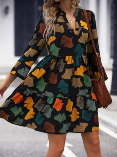 Image of Leriya Fashion Women Women's Floral Printed V-Neck Long Sleeve Fit & Flare Mini Dress - Casual Western One Piece Dress