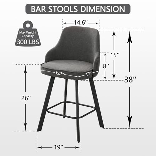 Image of Modern Swivel Bar Stools Set of 4, 26 inch Linen Counter Stools with High Back