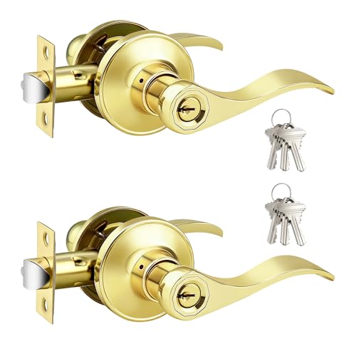Image of Gobrico Polished Brass Keyed Entrance Door Lever Handle Entry Door Lockset Hardware with Key,Drop Lever Style Door Lock for Front Door Exterior Door 2 Pack