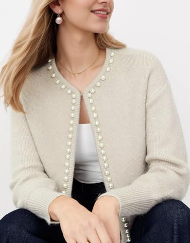 Kedera Women's Open Front Cardigan Sweater Long Sleeve Pearl Trim Cropped Sweater Embellished Knitted Top Trendy 20243