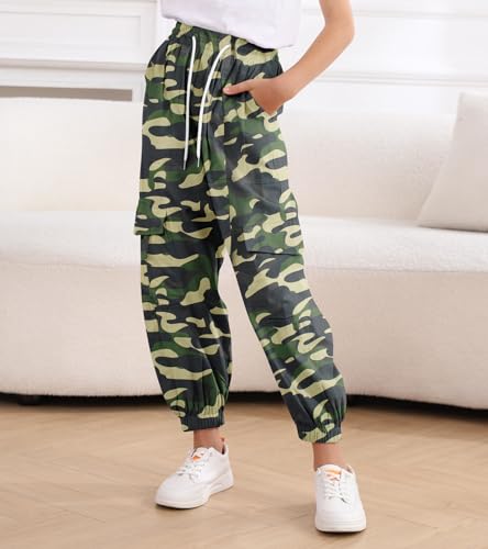 Image of Girls Cargo Pants Elastic Waist Casual Jogger Pants for Girls Streetwear Loose Parachute with Pockets 7-14Years
