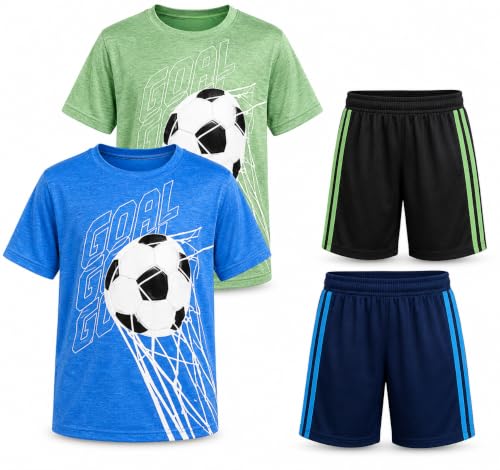 Image of Pro Athlete Boys Shorts Sets - 4 Piece Dry Fit Short Sleeve Crewneck Graphic Tee and Performance Shorts for Boys (Sizes 8-16)