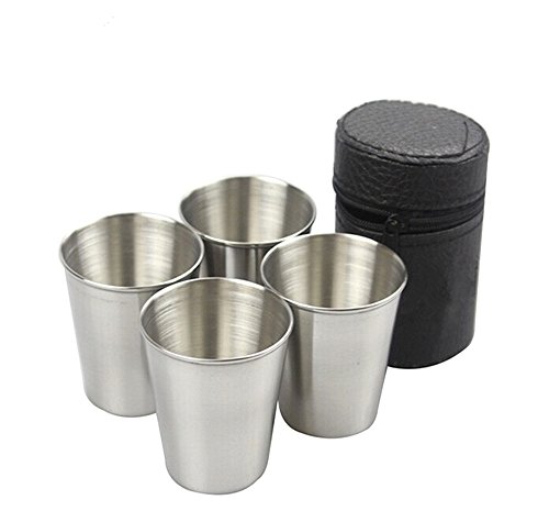 Yueton Set of 4 Stainless Steel Shot Cups Drinking Vessel with Black Leather Carrying Case (70ml)