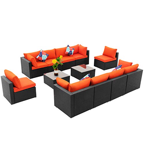 Ainfox Patio Furniture Set, 12 Pieces Outdoor Sectional Sofa Set PE Rattan Wicker Patio Conversation Sofa Set with Cushions & Glass Coffee Table (12 Pieces, Orange)