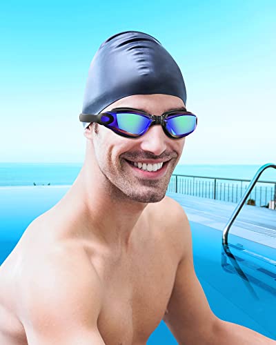 aegend Swim Goggles, Swimming Goggles No Leaking Anti Fog UV Protection Triathlon Swim Goggles with Free Protection Case for Adult Men Women Youth Kids Child, Green Blue