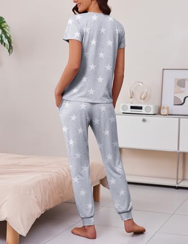 Image of Ekouaer 2 pack Pajama Sets for Womens Jogger Pants Pjs Short Sleeves Lounge Set Soft Sleepwear with Pockets