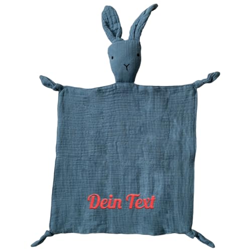 Personalisierte Schmusetuch mit Namen bestickt - für Baby - Kuscheltuch aus weichem Musselin mit Hase-Köpfchen - ideal als Geschenk zur Geburt - 28x28cm (Blau)
