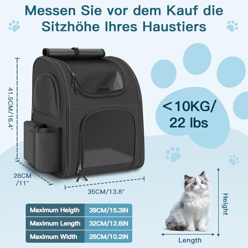 Hunderucksack bis 10kg, Haustier Rucksack mit Netzfenster, Faltbare Katzenrucksack Hunde Rucksack, Atmungsaktive und Leichte Dog Cat Backpack mit Innerer Sicherheitsleine und Haustiermatte - Schwarz