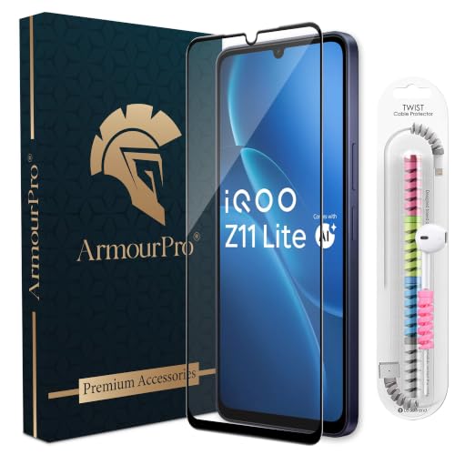 Image of ArmourPro Military-Grade Tempered Glass for IQOO Z11 lite - 9H Anti Scratch, Edge-to-Edge Coverage, Smooth Touch, HD Clarity, Case Friendly, Easy Installation Kit with Cable Protector