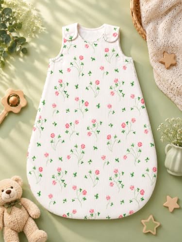 Image of TuddyBuddy Baby Cotton Wearable Quilted Sleeping Bag Blanket 1.5 Tog with 1 Way Zipper Closure | Ideal for Babies & Kids Hypoallergenic Fabrics | (Pink Floral & Leaves - Ribbed White, 6-12 Months)