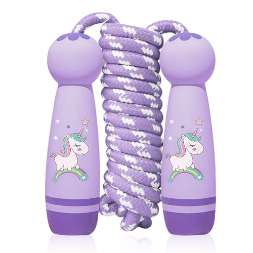 Flintronic Corde à Sauter Enfant, 2,6 m Cordes a Sauter Reglable en Coton, avec poignée en Bois de Dessin Animé, Corde De Coton Colorée, Pour Garçon Fille...