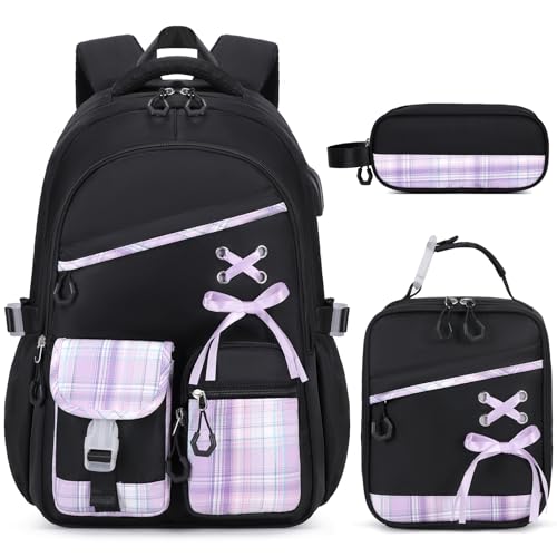 DIGOBAY Mochila xadrez com fita, Preto, roxo, Mochilas tradicionais
