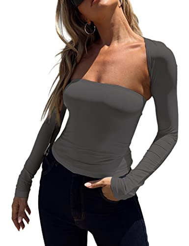 Image of Women 2 Piece Long Sleeve Y2K Cardigan Bolero Shrug Set Strapless Going Out Crop Top 2023 Fashion T-Shirt Tank Tops