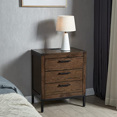 Image of Leick Home Tableau Nightstand Side Table with Drawer and Lower Cabinet Rustic Modern - USB-C Fast Charging Station - Durable Solid Wood - Living Room, Bedroom, Office, Distressed Riverstone, 9076