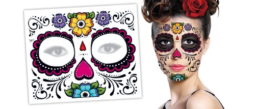 Sugar Skull Full Face Temporary Tattoo (Heart & Flowers) #119 by Fake Tattoos
