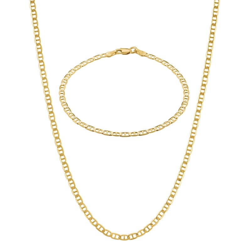KISPER18K Gold Over 925 Sterling Silver Italian 3mm Solid Diamond-Cut Mariner Link Chain Necklace & Bracelet Set - for Men & Women with Lobster Clasp - Made in Italy, 30" & 7"