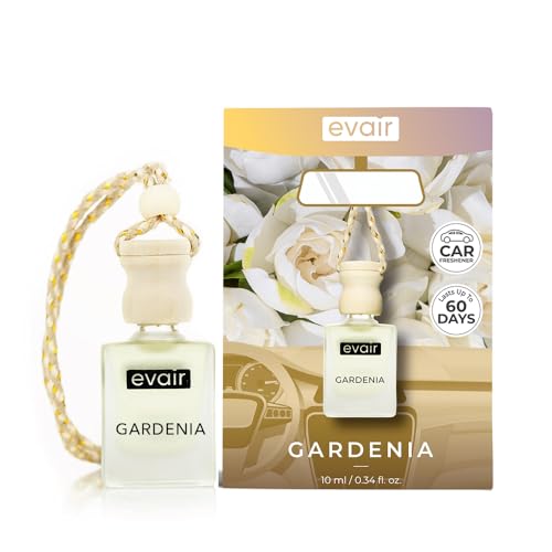 Image of Evair Gardenia Car Air Freshener | Hanging Car Perfume | Premium Car Fresheners | Car Aroma with Essential Oils| Hanging Perfume for Car in Glass Bottle with Wooden Diffuser Lid (10ml, Pack of 1)