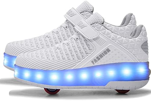 AIkuass Roller Shoes USB Rechargeable LED Light Up Wheel Shoes Skate Sneaker Shoes for Boys Girls Kids (4 Big Kid/ EU36, White)
