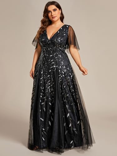 Image of Ever-Pretty Women's Sequin V Neck Plus Size Formal Dresses Evening Gown | Short Sleeve, A-Line, Empire Waist, Plus Size Mother of the Bride Dresses, Plus Size Gala Dress