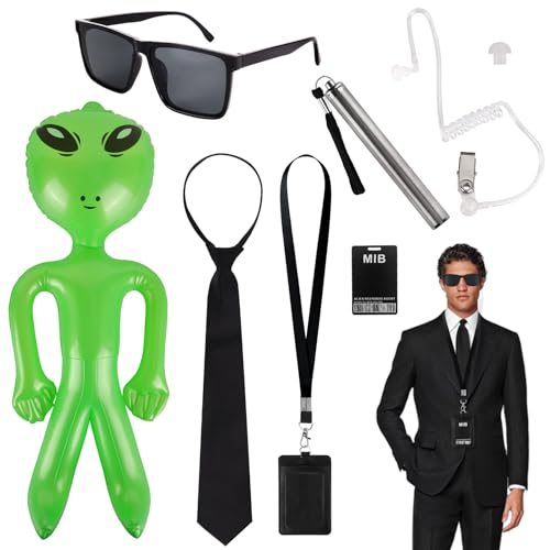 Zidoley Men In Black Agent Kostüm Zubehör Set Agenten Ausrüstung Mit Alien Aufblasbar Und Taschenlampe Geheimagent Kostüm Zubehör Mit Schwarze Sonnenbrille Karteninhaber Karneval Rollenspiele