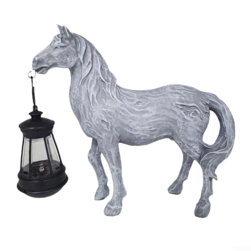 Qualoramall Figura solar de caballo con linterna, adorno de jardín de animales de resina, decoración caprichosa de patio al aire libre, luz solar para patio, césped, estanque, cubierta o exhibición