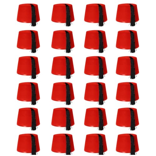 Lot de 24 chapeaux de Fès en feutre rouge avec pompon noir – Couvre-chefs emblématiques turcs et arabes – Parfait pour les voyages dans le temps, les...
