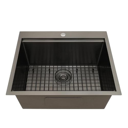 Starstar Workstation Ledge Topmount/Drop-In Single Bowl Black Matte Stainless Steel Kitchen/Yard/Bar/Laundry/Office Sink, With Grid, Dark Cutting Board, Strainer (23X20X9) #TOP2
