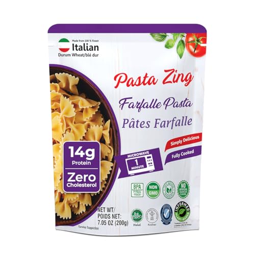 Pasta Zing Farfalle Pasta, Authentic Italian Al-Dente Texture, Ready in 1 Minute, 14g Protein 4g Fiber, Made with 100% Durum Wheat, Zero Sodium, Clean Label Shelf-Stable, 7.05 oz Pouch, Pack of 7
