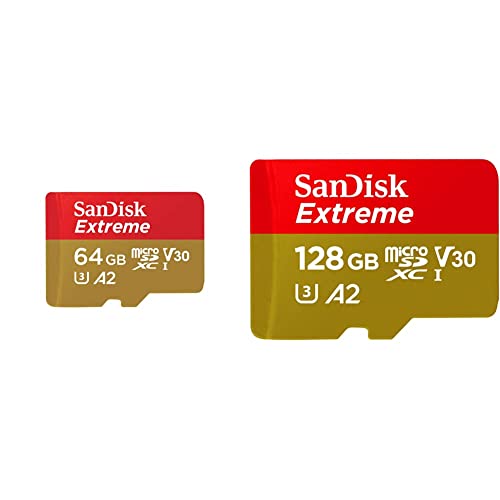 SanDisk 64GB Extreme microSDXC UHS-I Memory Card with Adapter & 128GB Extreme microSDXC UHS-I Memory Card with Adapter - Up to 160MB/s, C10, U3, V30, 4K, A2, Micro SD - SDSQXA1-128G-GN6MA