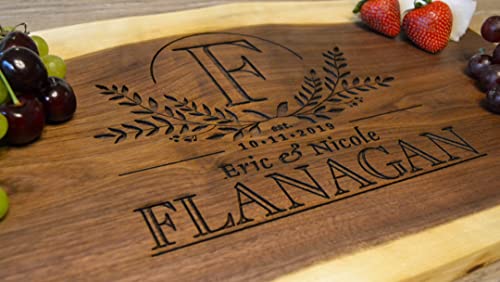 Personalized Cutting Board Wedding Gift – Artisan Live Edge Walnut Customized Monogramed Bride Groom Unique Engraved Rustic Elegance Display Newlywed Couple Parents Anniversary Housewarming Christmas #TOP1