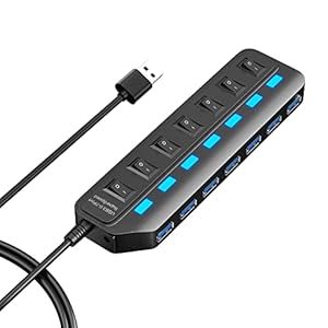 ONFINIO USB Hub 3.0, 7 Port USB Hub Splitter with Individual On/Off LED Switches, 5Gbps HighSpeed Data USB Extension for Laptop, iMac, USB Flash Drives, Mobile HDD, Printer, Camera and More