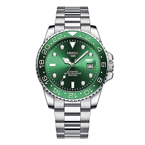 NIBOSI Automatic Men's Watches Analog Mechanical Green Dial Stainless Steel Watches for Men Waterproof Military Business Casual Wrist Watches with Calendar