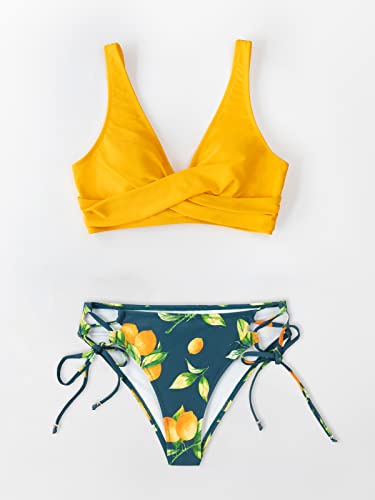 Cupshe Women's Bikini Swimsuit Floral Print Tie Side Twist Front Two Piece Bathing Suit S Yellow #TOP4