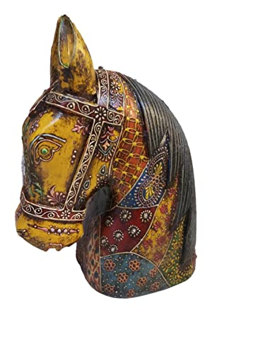 KNOBSWORLD Statue rare en bois de manguier avec tête de cheval peinte à la main, décoration d'intérieur, sculpture sur bois, sculpture à la main, figurine sculptée à la main 30,5 cm