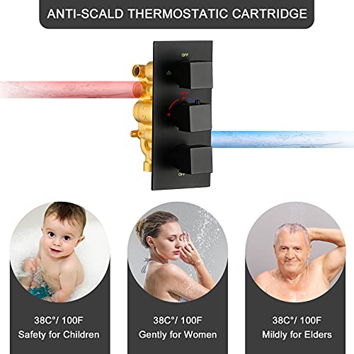 Qisheng Thermostatic Rain Shower System With 6 Body Jets - 12" Wall Mounted Rainfall Shower Head With Shelf, Shower Faucet Set With Mixer Valve And Handheld Brass Shower Combo Kit For Bathroom #TOP7