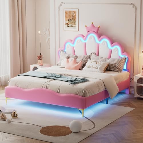 Lit Enfant Fille 140x200 cm, Lit double Enfant avec Bande LED, Lit Princesse avec Sommier à Lattes, Lit Rembourré en forme de Couronne, Tête de Lit, Meubles de...