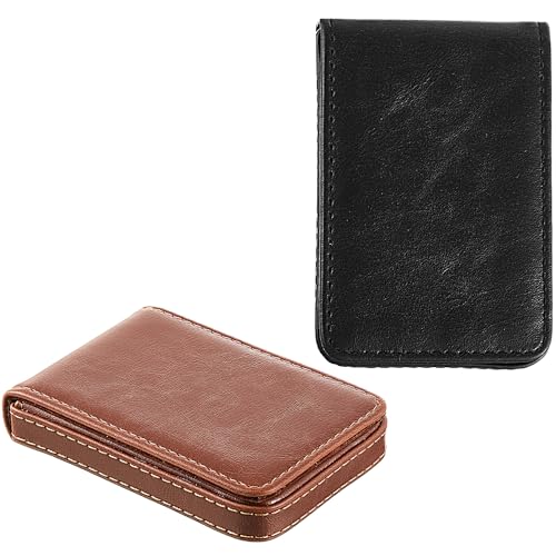 Image of Outus 2 Pcs Business Card Holder, PU Leather Business Card Case Pocket Wallet with Magnetic Shut for Men Women(Black and Light Coffee,Classic)