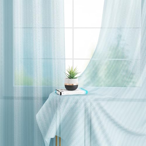 Image of Story@Home Window Curtains 5 Feet Long Set of 1 | Herringbone Printed | Semi Transparent Curtain | Net Curtains | Sheer Curtain for Living Room | (118 X 152 Cm, Blue) | Perfect for Home Decor