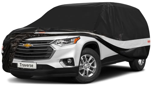 Image of Holhtly Car Cover Custom Fit for Chevrolet Traverse, Car Covers for Automobiles All Weather Waterproof Sun Snow Rain Wind Dust Protection, Outdoor Car Cover Black & Grey
