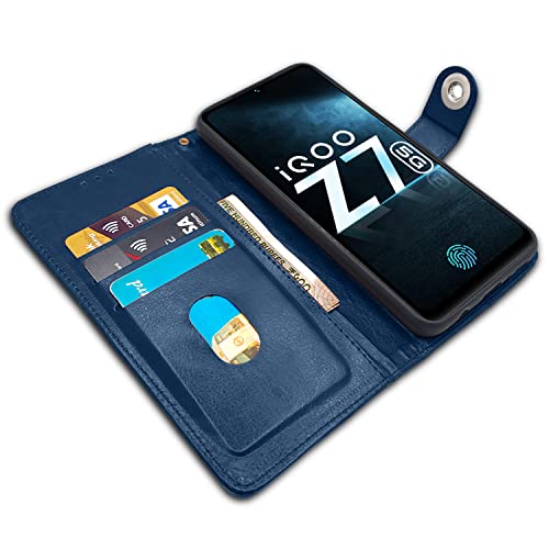 Image of Pikkme iQOO Z7 5G / iQOO Z7s 5G Flip Cover Leather Finish | Inside TPU with Card Pockets | Wallet Stand and Shock Proof | Complete Protection Button Flip Case (Blue)