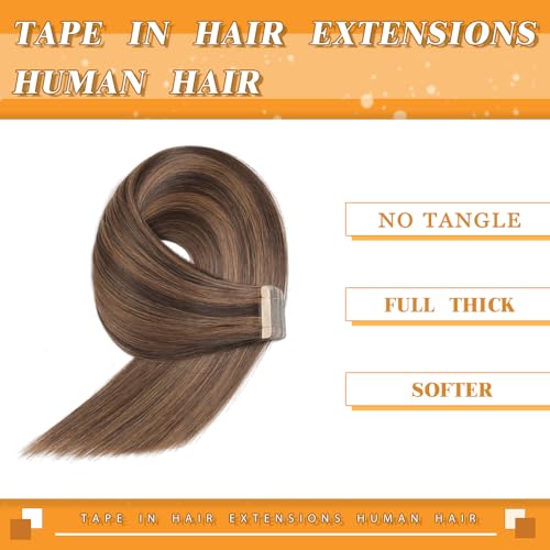 Image of YDDM Tape in Hair Extensions Human Hair, Dark Brown Highlighted Chestnut Brown 100% Remy Human Hair 20pcs 16 Inch Straight Seamless Invisible Tape in Hair Extensions(P2 /6#, 16 Inch)